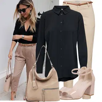 Kombinacije za bucmaste Od 50 godina sa Bež/Kaki Hlača Velika Veličina B.young, Crna/Tamnoplava Bluza i Tunika/Bluza Veći Broj JdY, Pink/Smeđa/Bež Sandala na Petu/Sandalice s blok petom/Sandala s petom About You, Bež/Smeđa/Siva Torba Za Preko Ramena/Shopper torba/Torbica/Torba za nošenje/Veliki džep Tamaris "Moderna kombinacija za slobodno vrijeme"