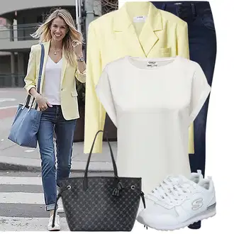 Outfit sa TamnoPlava/Plava Skinny Hlače/Jeggings/Traper Tajice LTB, SvjetloPlava/Plava Kopačka/Tenisica za golf/gimnastička papuča/cipela za kuglanje/pristup cipela/cipela za trčanje Skechers "Moderan outfit za slobodno vrijeme"
