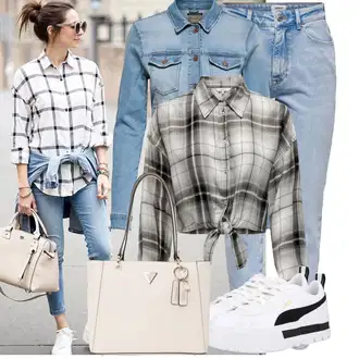 Outfit sa Siva/Svjetlosiva/Bijela Bluza od Flanela/Bluza s Mašnom/Karirana Bluza/Bluza s Leptir Mašnom Only "Moderan outfit za slobodno vrijeme"