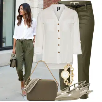 Zapínání na knoflíky Outfit s Šedá/Khaki/Bílá/Hnědá/Béžová/Světle zelená Tunikové Tričko/Halenka S 3/4 Rukávem/Blůza s nášivkou na lokti/Oversize Muselínová Blůza/Kožená bunda/Blůza s knoflíčkem Vero Moda Tall "Módní outfit pro volný čas"