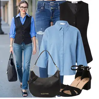 Outfit s Modrá/Tmavě modrá Kožená bunda/Džíny s Nízkým Sedem/Džín s Nízkým Pasem/Džíny s Dírou/Push up Džín/Džíny s Rozparkem/Kožené bundy LTB "Módní outfit pro volný čas"