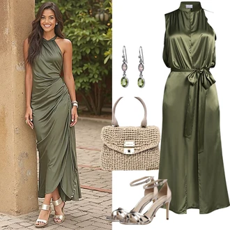 70. rojstni dan outfit mit Zelena/Svetlo zelena Dolga satenasta obleka/Obleka za Družico Trendyol "Eleganten videz"Look: Opera, Maturantski ples, Dekliščina, Posebni dogodki, Poroka, 70. rojstni dan