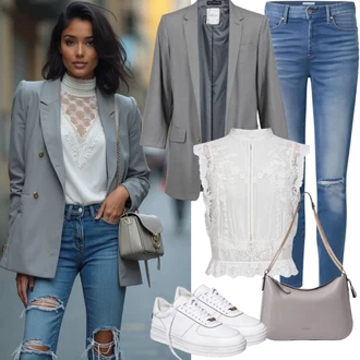 90tá léta Outfit s Modrá/Světle modrá Kožená bunda/Slim Fit Džíny/High Waist Džínové Kalhoty/Džíny s Rozparkem/Džíny Regular Fit/Kotníková Bota/Kožená Pánská Bund/Push up Džín/Kožené Boty/Dámské Džíny s Délkou 7/8/Zimní bunda Lee "Elegantní outfit"Look: 90tá léta, Cool, Krásný, Old Money, Skromné