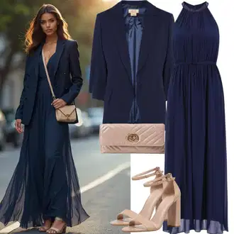 Outfit s Tmavě modrá Šaty s Páskem/Šaty v Délce do Lýtka/Ležérní Šaty/Empire šaty/Žerzejové Šaty/Dlouhé Letní Šaty/Maxi Šaty/Občanské šaty/Společenské šaty pro hosta Ragwear "Elegantní vzhled"