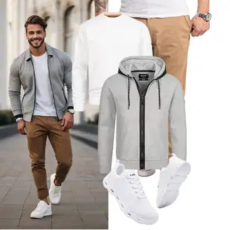 Outfit mit Grau/Hellgrau KapuzenPullover/Ausgefallener Hoodie/Sport Hoodie/Strick Hoodie/Sweatjacke Indicode "Freizeit Outfit"