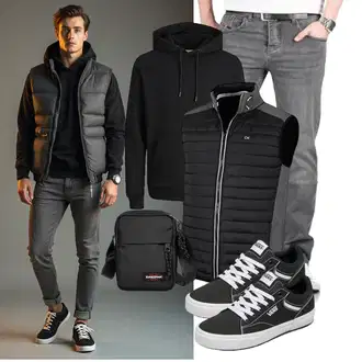 Outfit mit Schwarz/Dunkelgrau/Grau Reiseweste/Indoorweste/Langlaufweste/Steppweste/Outdoorweste/Reitweste/Kunstfaserweste/Funktionsweste/Wendeweste/Isolationsweste Calvin Klein "Freizeit Outfit"
