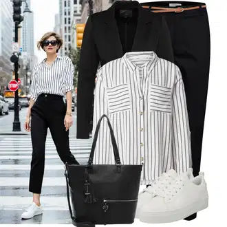 Outfit s Černá Chinos/Bengaline Kalhoty/Obleková Kalhoty/Úzká Kalhoty/Navlékací Kalhoty/Business Kalhoty B.young "Lehký outfit"
