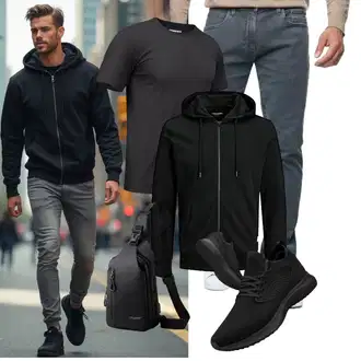 Outfit mit Schwarz/Dunkelgrau Sport Hoodie/Hoodie/Ausgefallener Hoodie/Sweatjacke/Unisex Hoodie/Oversized Zip Hoodie Jack & Jones "Freizeit Outfit"