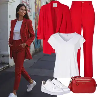 Outfit s Černá/Červená/Hnědá Kalhoty s nášivkou uprostřed/Kalhoty se Štěrbinou/Obleková Kalhoty/Business Kalhoty Tommy Hilfiger "Jarní oblečení"