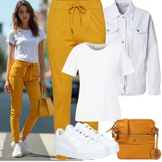 Outfit s Žlutá/Hnědá Ležérní Kalhoty/Žerzejová Kalhoty/Jogger Kalhoty/Sportovní Kalhoty/Tréninková Kalhoty/Mrkvová Kalhoty Only "Jarní outfit"