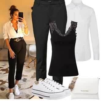 Chytrý příležitostný Outfit s Bílá Halenka S 3/4 Rukávem/Halenka se Stojatým Límcem/Slip-on Halenka/Žehlení odolná blůza/Blůza s nášivkou na lokti/Blůza s knoflíčkem/Businessová Halenka About You "Jarní outfit"Look: Styl, Klasické, Kancelář, Preppy, Skater, Chytrý příležitostný, Unisex