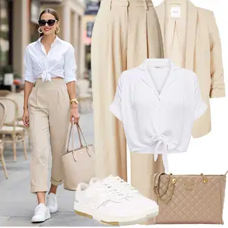 Ljeto Outfit sa Bež/Narandžasta/Kaki/Smeđa Lanene Hlače/Široka Hlača/Marlene Hlača/Hlače Visokog Struka/Tradicionalna Hlača/Palazzo Hlača/Naborane hlače/Hlače od muslina/Hlače s Prorezom/Hlače s prednjim naborom/Hlače S Naborom Leger by Lena Gercke "Jarní outfit"
