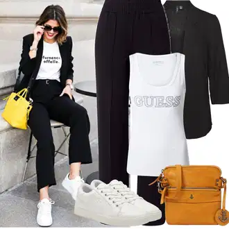 Outfit s Černá/Fialová/Tmavě modrá Obleková Kalhoty/Mušelínové kalhoty/Plisovaná kalhoty/Rovná Kalhoty/Dlouhá Kalhoty/Kalhoty Bootcut/Business Kalhoty Only "Jarní outfit"
