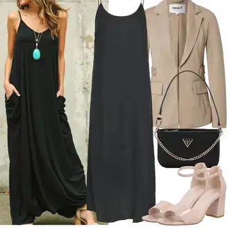 Festival Outfit sa Crna/Siva/Tamnosiva Haljina Ravnog Kroja/Mulet haljina/Duga pletena haljina/Haljina sa halterima/Maksi Haljina/Haljina na špagete/Haljina Na Naramenici/Haljina od muslina/Predimenzionirana haljina Pieces, Pink/Smeđa/Bež Sandala na Petu/Sandalice s blok petom/Sandala s petom About You "Jarní outfit"Look: Gala, Festival, Bal, Rođendan, Koncer, 30. rođendan, Malle, Posebne prigode