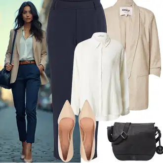 Outfit s Modrá/Tmavě modrá Obleková Kalhoty/Strečová Kalhoty/Tregíny/Business Kalhoty/3/4 Kalhoty/Navlékací Kalhoty/Žerzejová Kalhoty/Mušelínové kalhoty/Úzká Kalhoty Vila "Jarní outfit"