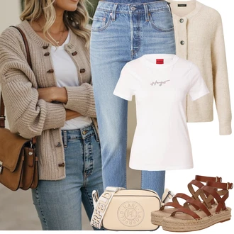 Koncer Outfit sa Smeđa/Bež/Narandžasta/Kaki Pletivo Veći Broj SELECTED FEMME, Bijela/Pink/Crvena Majica za trudnice/Top za plažu/Zamotana Majica/Muške tenisice za trčanje/pletena košulja/Otmjena majica/Print majica/Majica/Funkcionalna majica/Sportska majica/Majica kratkih rukava/Majica s printom Hugo "Jarní outfit"Look: Koncer, Brvnare, Škola, Potvrda, Majčin dan, Valentinovo