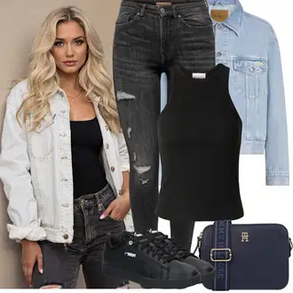 Léto Outfit s Černá/Světle šedá/Tmavě šedá/Šedá Kožená bunda/Kožené bundy/Motorkářské Džíny/Džíny s Dírou/Džíny s Rozparkem Only "Jarní outfit"