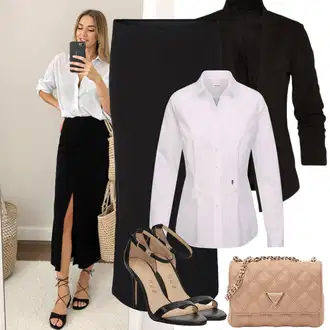 Narozeniny Outfit s Černá/Šedá VERO MODA, Bílá/Fialová/Krémová Businessová Halenka/Žehlení odolná blůza/Halenka Slim Fit/Blůza s knoflíčkem About You "Jarní outfit"Look: Bar, 40. narozeniny, Koncert, Firemní večírek, Nový Rok, Zvláštní příležitosti, Narozeniny, Den na pláži, Křest, Škola, 18. narozeniny, Banka, Pohřeb, Biřmování, Galavečer, Opera, Párty, Bazén