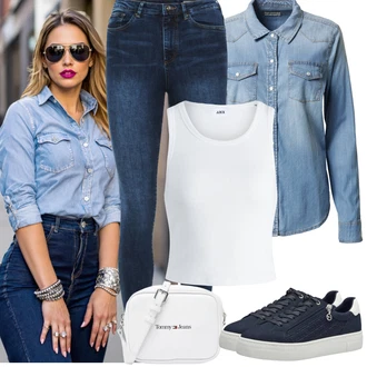 Sophia Outfit s Modrá/Tmavě modrá/Světle modrá Džínové Legíny/Jeggings VERO MODA "Jarní outfit"