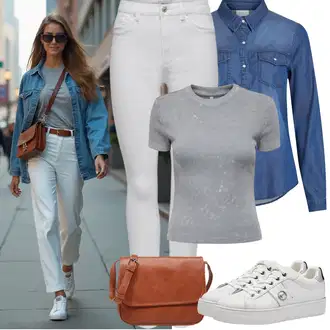 Narozeniny Outfit s Tmavě modrá/Modrá/Světle modrá Džínsová Blůza Vila "Jarní outfit"Look: Bar, Výročí, Biřmování, Párty, Koncert, Večeře, Bazén, Galavečer, Matriční Úřad, 18. narozeniny, Coachella, Popový koncert, Narozeniny