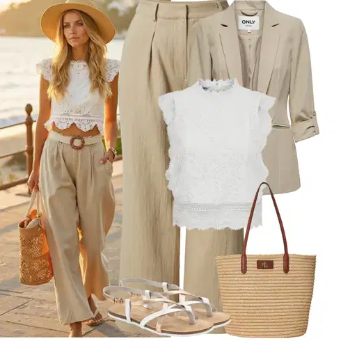 Kombinace Béžová/Khaki Culotte Kalhoty/Plisovaná Kalhoty/Široká Kalhoty/Lněné Kalhoty/Mušelínové Kalhoty/Kalhoty s nášivkou uprostřed/Marlene Kalhoty about you x marie von behrens kombinovat s Šedá/Bílá/Krémová Pletenina veľkej veľkosti/Tričko & Top Móda Pro Plnoštíhlé/Halenka Móda Pro Plnoštíhlou/Tunika Only