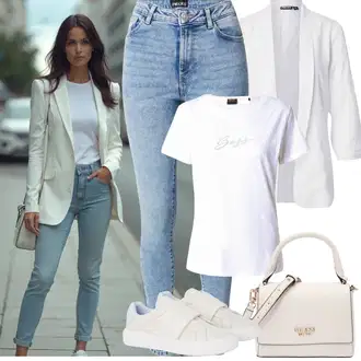 Outfit sa Plava/SvjetloPlava Kožna Jakna/Zimska jakna/High Waist Traperice/Traperice s Prorezom/Traperice s Rupom/Push-up Traperice Pieces "Jarní outfit"