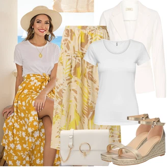 Outfit sa Bež/Kaki/Zlatni Ljetna Cipela/Espadrila sandala/Wedge Cipela/Sandala s klinastom petom/Espadrila s klinastim petom/Sandala od pluta na klin About You "Jarní outfit"