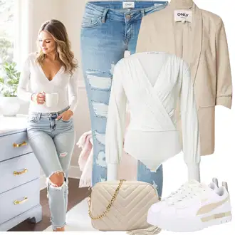 Léto Outfit s Světle modrá/Modrá Kožená bunda/Džíny s Rozparkem/Kotníková Bota/Push up Džín/Kožené bundy/Džíny s Dírou/Džíny s Nízkým Sedem Only "Jarní outfit"