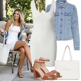 Outfit s Šedá/Bílá/Hnědá/Khaki/Béžová/Krémová/Stříbrný/Světle zelená Šaty S Rovným Střihem/Přiléhavé Šaty/Šaty Bez Rukávů/Žerzejové Šaty/Pletené Šaty/Pouzdrová Šat/Úzké Šaty about you x sofia tsakiridou "Jarní outfit"