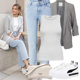 Outfit sa SvjetloPlava/Plava Traperice Ravne Nogavice/Mom Jean/Skraćene Traperice/Traperice s Prorezom/Girlfriend Traperice/Dad Traperice/Muška Kožna Jakna/High Waist Traperice/Vintage traperice Pieces "Jarní outfit"