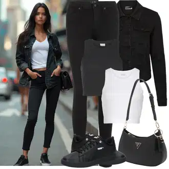 Outfit sa Crna/Ljubičasta Kožna Tenisica/Niska Tenisica/Skate cipela/Tanka Tenisica Puma "Jarní outfit"