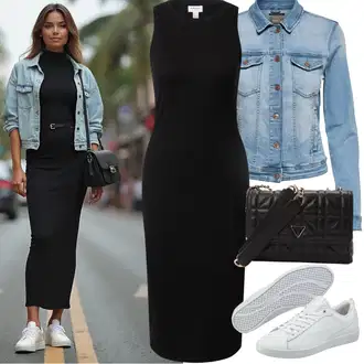 Outfit s Černá Žerzejové Šaty/Šaty S Rovným Střihem/Šaty Bez Rukávů/Šaty S Vysokým Výstřihem/Pouzdrová Šat/Midi Šaty/Úzké Šaty/Dlouhé pletené šaty/Šaty v Délce do Lýtka/Přiléhavé Šaty aware "Jarní outfit"