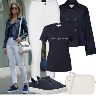Narozeniny Outfit s Tmavě modrá Tričko/Neformální tričko/Fancy tričko/Funkční tričko/Košile s potiskem/Tričko s krátkým rukávem/Sportovní tričko/Tričko s potiskem Tommy Hilfiger "Jarní outfit"Look: 18. narozeniny, 30. narozeniny, Den na pláži, Koncert, Biřmování, Chatky, Den matek, Narozeniny