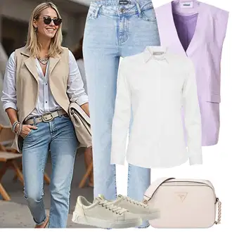 Outfit sa Bijela/Krem Bluza Dugih Rukava/Bluza koja se ne pegla/Poslovna Bluza/Bodija Bluze/Bluza s gumbom/Uska Kroj Bluza Fransa "Jarní outfit"