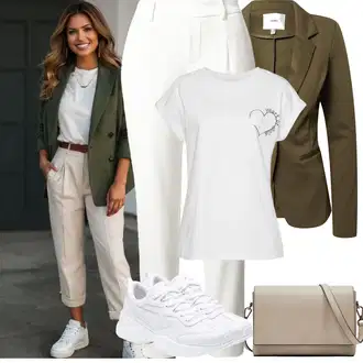 Outfit s Krémová/Bílá/Khaki Boyfriend Kalhoty/Obleková Kalhoty/Navlékací Kalhoty/Ležérní Kalhoty/Kalhoty s Vysokým Pasem/Kalhoty se Štěrbinou/Úzká Kalhoty/Business Kalhoty/Rovná Kalhoty/Chinos/Mušelínové kalhoty Object "Jarní outfit"