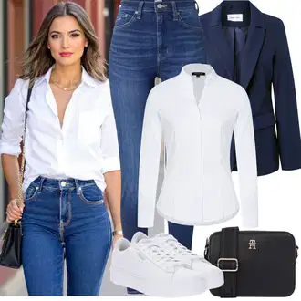s gumbom Outfit sa Bijela/Ljubičasta/Siva Bluza Veći Broj More & More "Jarní outfit"