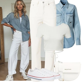 Outfit sa Bijela/Krem/Kaki Samt Hlače/Hlača od Kepera/Boyfriend Hlače/Pamučna Hlača/Hlače od muslina/Naborane hlače/Stolarska hlača/Ravna Hlača/Hlače s Prorezom MUD JEANS "Jarní outfit"