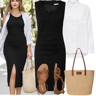 Výstřih kolem krku Outfit s Černá Šaty Pouzdrová Šat/Šaty Bez Rukávů/Úzké Šaty/Business Šaty/Šaty s Předním Zipem/Kancelářské šaty/Šaty S Rovným Střihem/Žerzejové Šaty/Šaty v Délce do Lýtka/Pouzdrové Šaty Kaffe "Jarní outfit"
