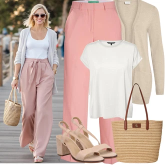 Outfit s Šedá/Stříbrný/Bílá/Krémová Tričko/Jednoduchý top/Mužské běžecké boty/Tričko s vodopádovým výstřihem/Pletené tričko/Síťované tričko/Tričko s krátkým rukávem/Krátký top/Zavinovací Tričko VERO MODA "Jarní outfit"