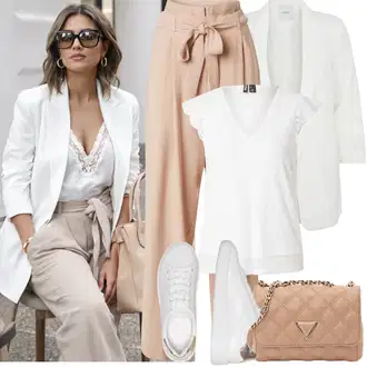 Outfit sa Krem/Bijela Kaput/Pletivo Veći Broj/Tunika Pieces "Jarní outfit"