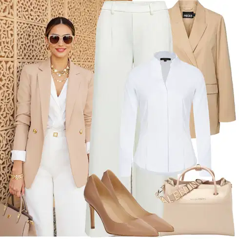 Kombinace Krémová/Šedá/Světle zelená/Khaki/Bílá/Béžová Široká Kalhoty/Palazzo Kalhoty/Kalhoty s Vysokým Pasem/Culotte Kalhoty/Kalhoty se Štěrbinou/Marlene Kalhoty Object kombinovat s Bílá/Fialová/Šedá Halenka Blůza s knoflíčkem/Halenka Slim Fit/Businessová Halenka/Halenka se Stojatým Límcem/Žehlení odolná blůza More & More