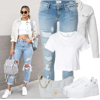 moderne Outfit sa Svjetloplava/Plava Kožna Jakna/Kožne jakne/Traperica Niskog Struka/Čizma do Gležnja/Traperice s Rupom/Push-up Traperice/Traperice s Prorezom Only "Jarní outfit"Look: Rap, Stil, moderne, cool, Disko, Sveučilišna, Prekrasan