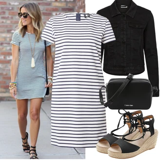 Výstřih kolem krku Outfit s Tmavě modrá/Bílá Pouzdrové Šaty/Tričkové šaty VERO MODA "Jarní outfit"