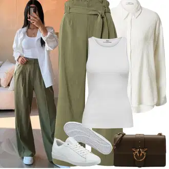 Outfit s Tmavě zelená/Zelená/Khaki Culotte Kalhoty/Kalhoty s Vysokým Pasem/Marlene Kalhoty/Mušelínové kalhoty/Palazzo Kalhoty/Kalhoty se Štěrbinou/Paperbag Kalhoty/Tradiční Kalhoty/Široká Kalhoty Only "Jarní outfit"