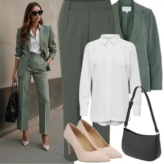 Outfit s Tmavě zelená/Zelená/Khaki Plisovaná kalhoty/Navlékací Kalhoty/Chinos/Kalhoty se Štěrbinou/Rovná Kalhoty/Mrkvová Kalhoty/Obleková Kalhoty/Business Kalhoty/Mušelínové kalhoty/Úzká Kalhoty/Boyfriend Kalhoty Vila "Jarní outfit"