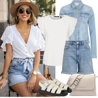 Outfit s Světle modrá/Modrá Košile Vysoký pas Kraťasy/Džínový Šortky/Bermuda Vila "Jarní outfit"