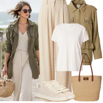 Outfit s Béžová/Oranžová/Hnědá/Khaki Plisovaná Kalhoty/Kalhoty s Vysokým Pasem/Lněné Kalhoty/Marlene Kalhoty/Palazzo Kalhoty/Tradiční Kalhoty/Široká Kalhoty/Kalhoty s nášivkou uprostřed/Kalhoty se Štěrbinou/Mušelínové Kalhoty Leger by Lena Gercke "Jarní outfit"