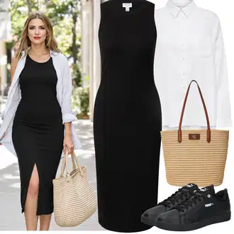 Outfit s Černá Žerzejové Šaty/Šaty S Rovným Střihem/Šaty Bez Rukávů/Šaty S Vysokým Výstřihem/Pouzdrová Šat/Midi Šaty/Úzké Šaty/Dlouhé pletené šaty/Šaty v Délce do Lýtka/Přiléhavé Šaty aware "Jarní outfit"