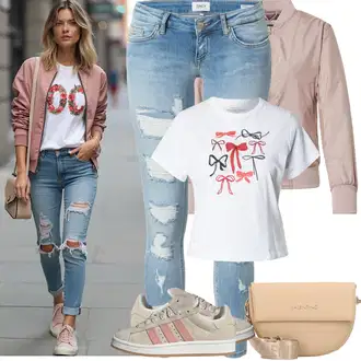 Léto Outfit s Světle modrá/Modrá Kožená bunda/Džíny s Rozparkem/Kotníková Bota/Push up Džín/Kožené bundy/Džíny s Dírou/Džíny s Nízkým Sedem Only "Jarní outfit"