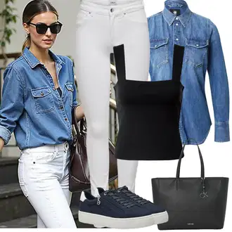 s gumbom Outfit sa Plava/Svjetloplava Denim majica G-Star Raw "Jarní outfit"